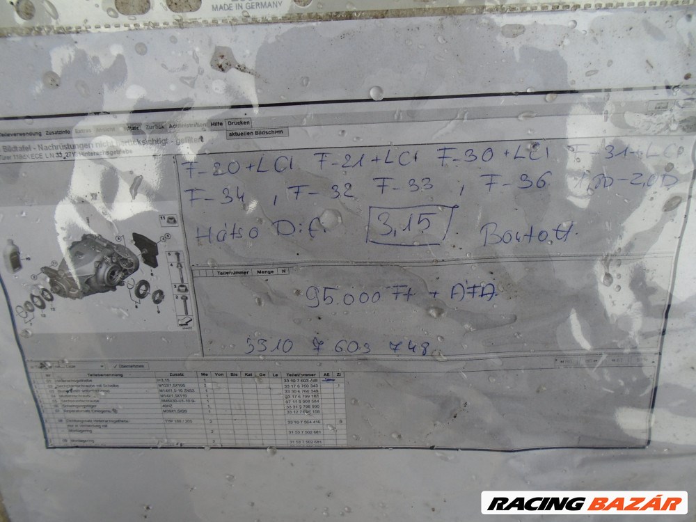 [GYÁRI BONTOTT] BMW Hátsó differenciálmű,  [ 3,15 ] - F20+LCI , F21 + LCI, F30 + LCI, F31+LCI , F34, F32, F33, F36, 1,8D - 2,0D  3. kép